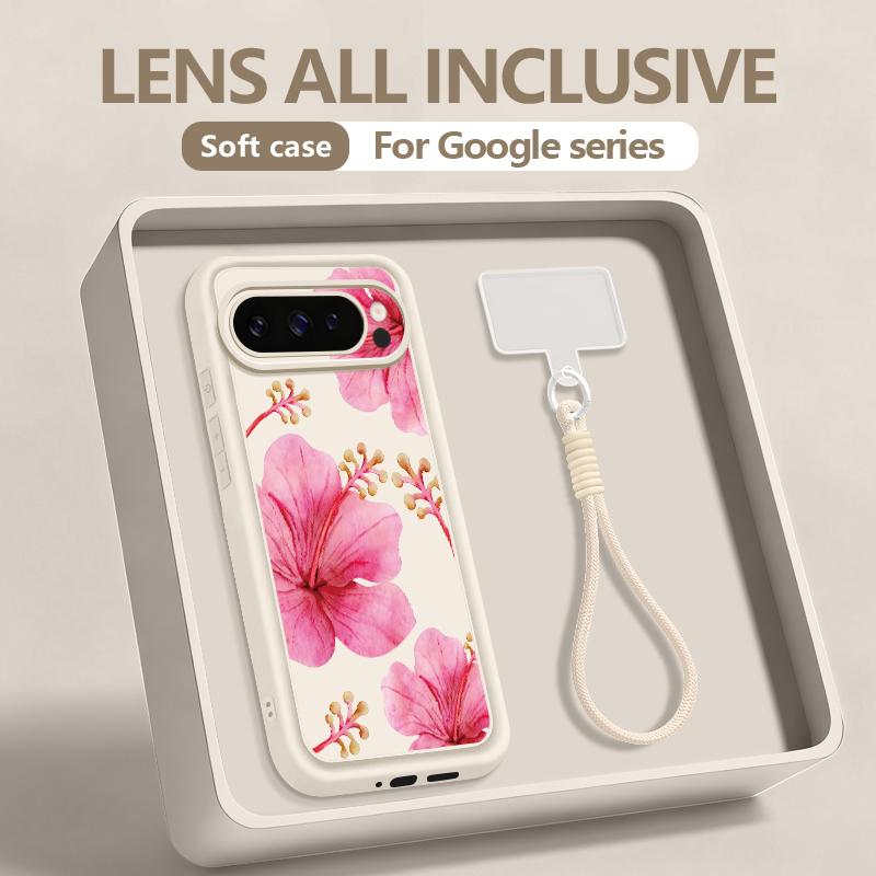 Watercolor Flowers Print Lanyard Case For Google Pixel 10 Pro XL For Google 9A 9 8 7 Pro 8A 7A Shockproof Bumper Wrist Strap Cover
