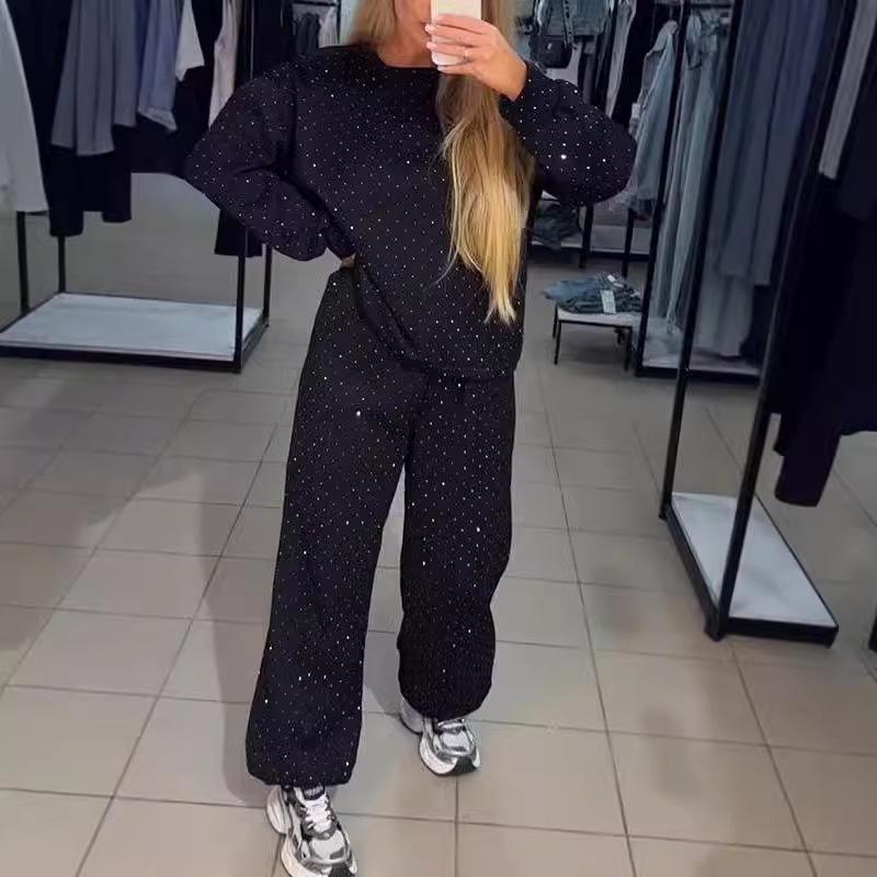 Autumn/Winter 2024 Women's Round Neck Rhinestone Hoodie & Sweatpants Set