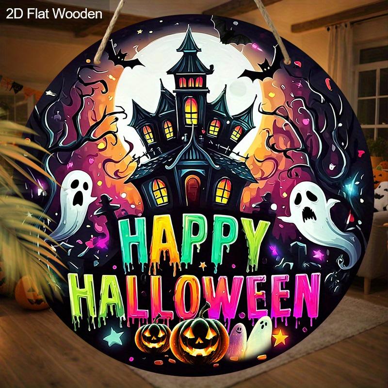 Happy Halloween Wooden Sign with Horror Castle Pattern - Figurine Ornaments with Pumpkin & Ghost Pattern - Ideal for Front Door, Yard, Porch Decor