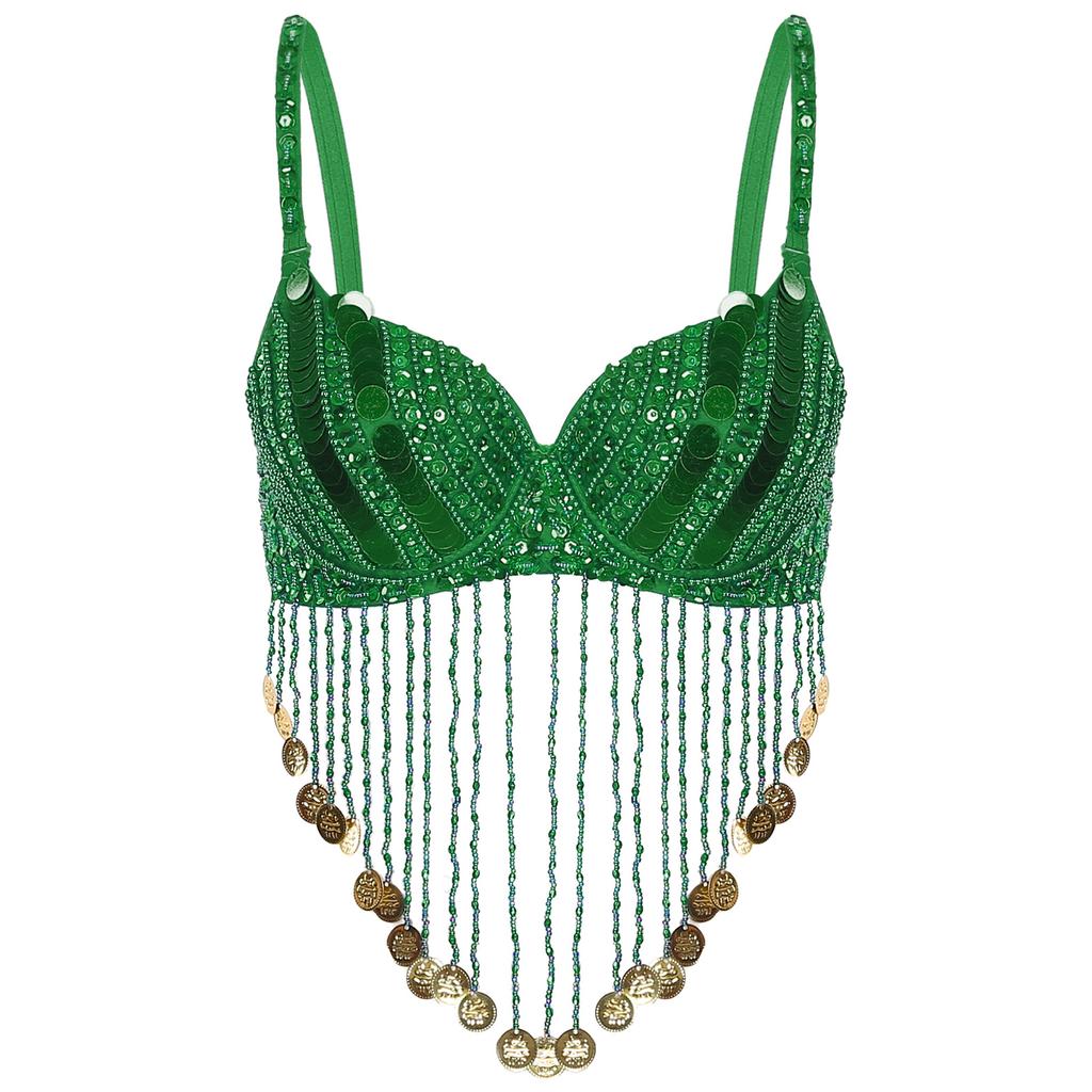Womens Belly Dance Bra Adjustable Straps Design Shiny Sequins Plastic Beaded Tassels Underwired Costume