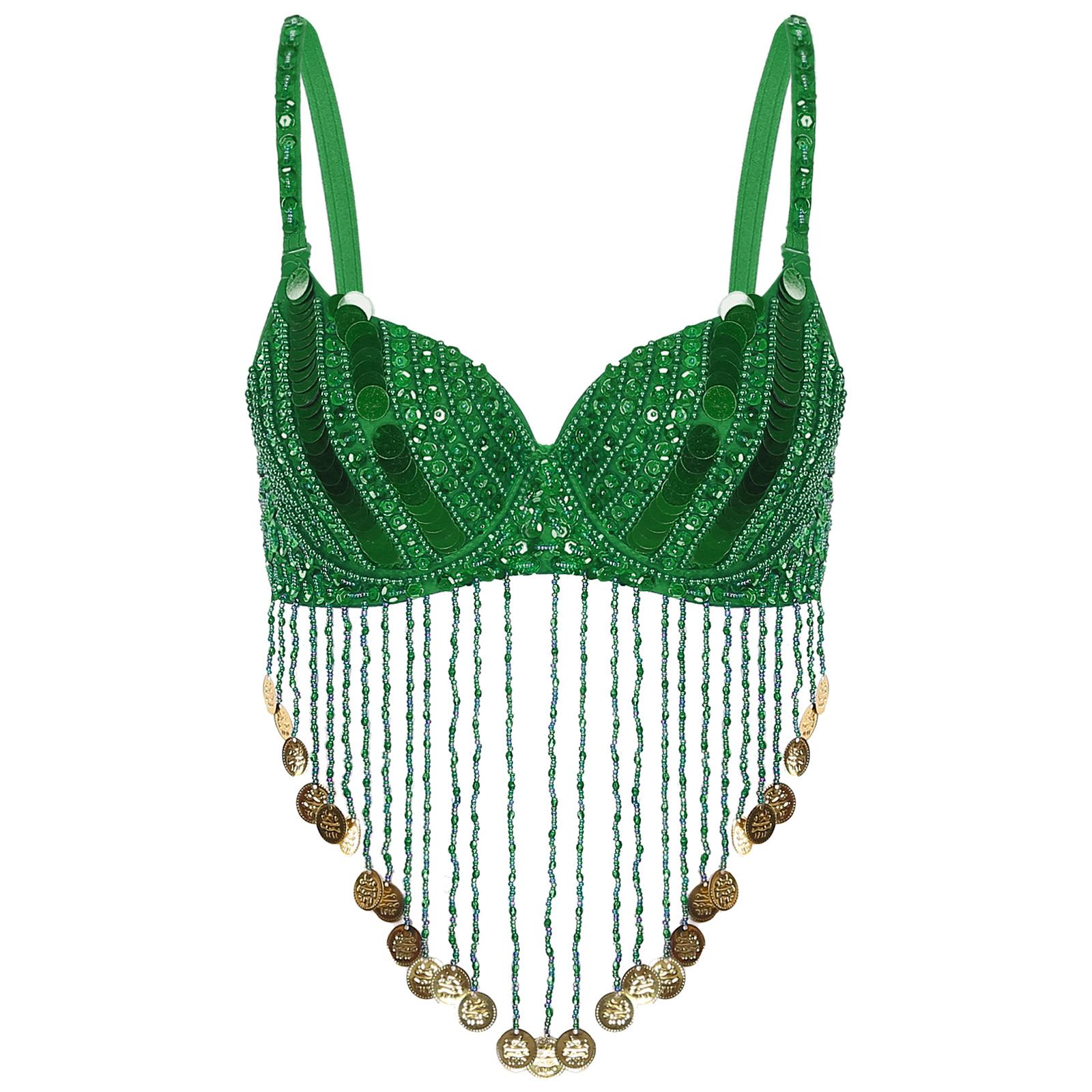 

Женские топы-бра для танца живота с пайетками и бисером, с кисточками, танцевальный костюм для музыкального фестиваля, клубная одежда для танца живота One Size зелёный