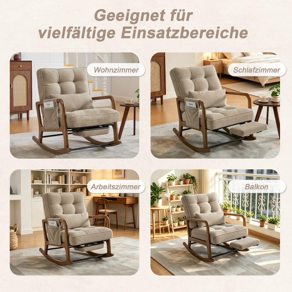 Modern Rocking Chair with Footrest, Lumbar Pillow & Adjustable Backrest – for Living Room, Bedroom & Children's Room (Khaki Corduroy)