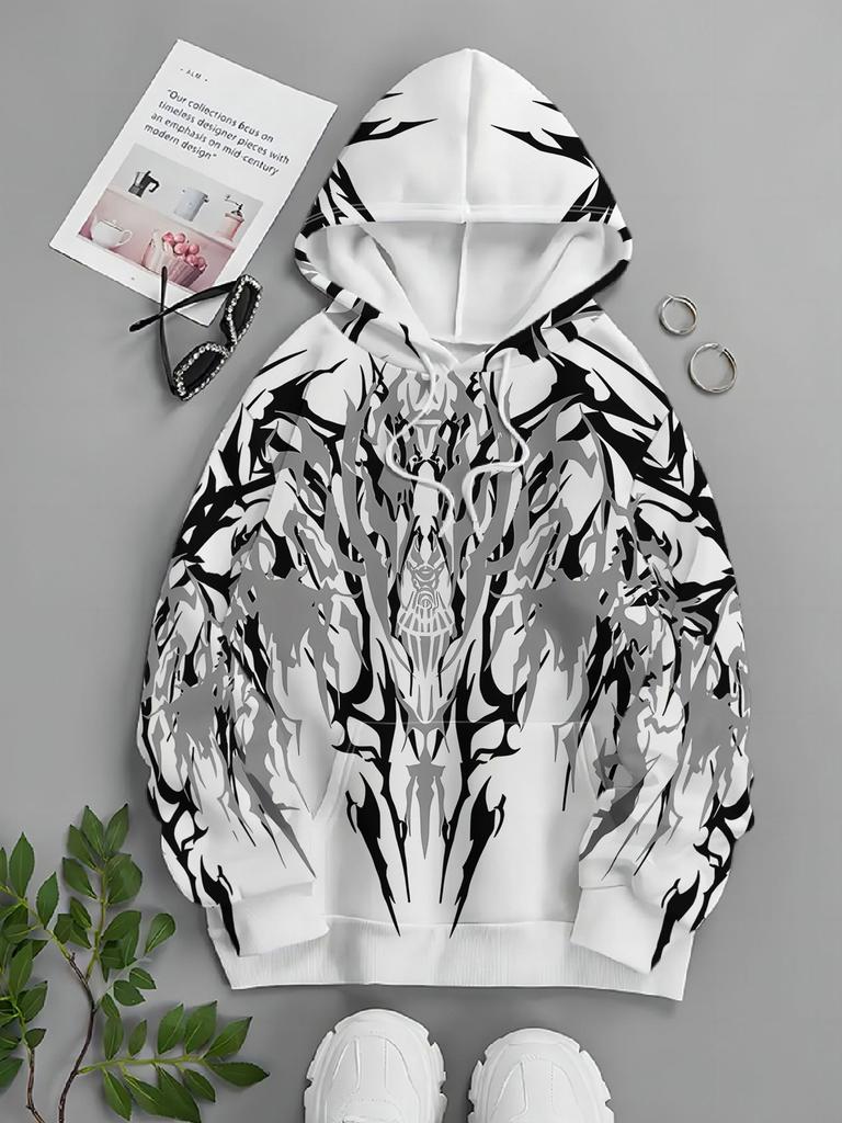 Men's Fashion Streetwear Hooded Sweatshirt in Black, White, and Gray with Symmetrical Abstract Design - Full of Street Style with Rich and Artistic