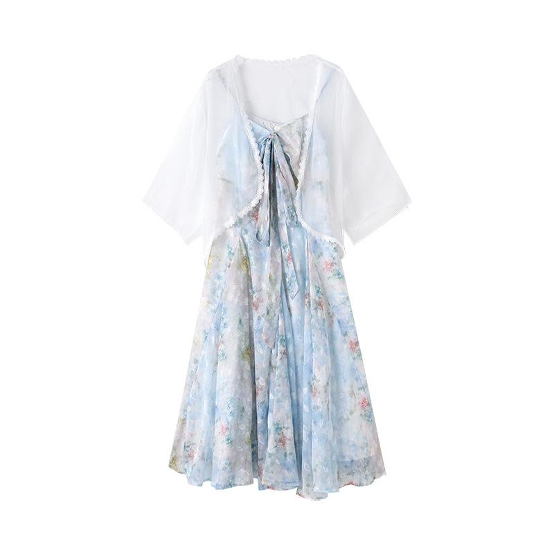 

Женский цветочный сарафан большого размера с халтером, кардиган-шаль, комплект, летний новый стиль 6XL