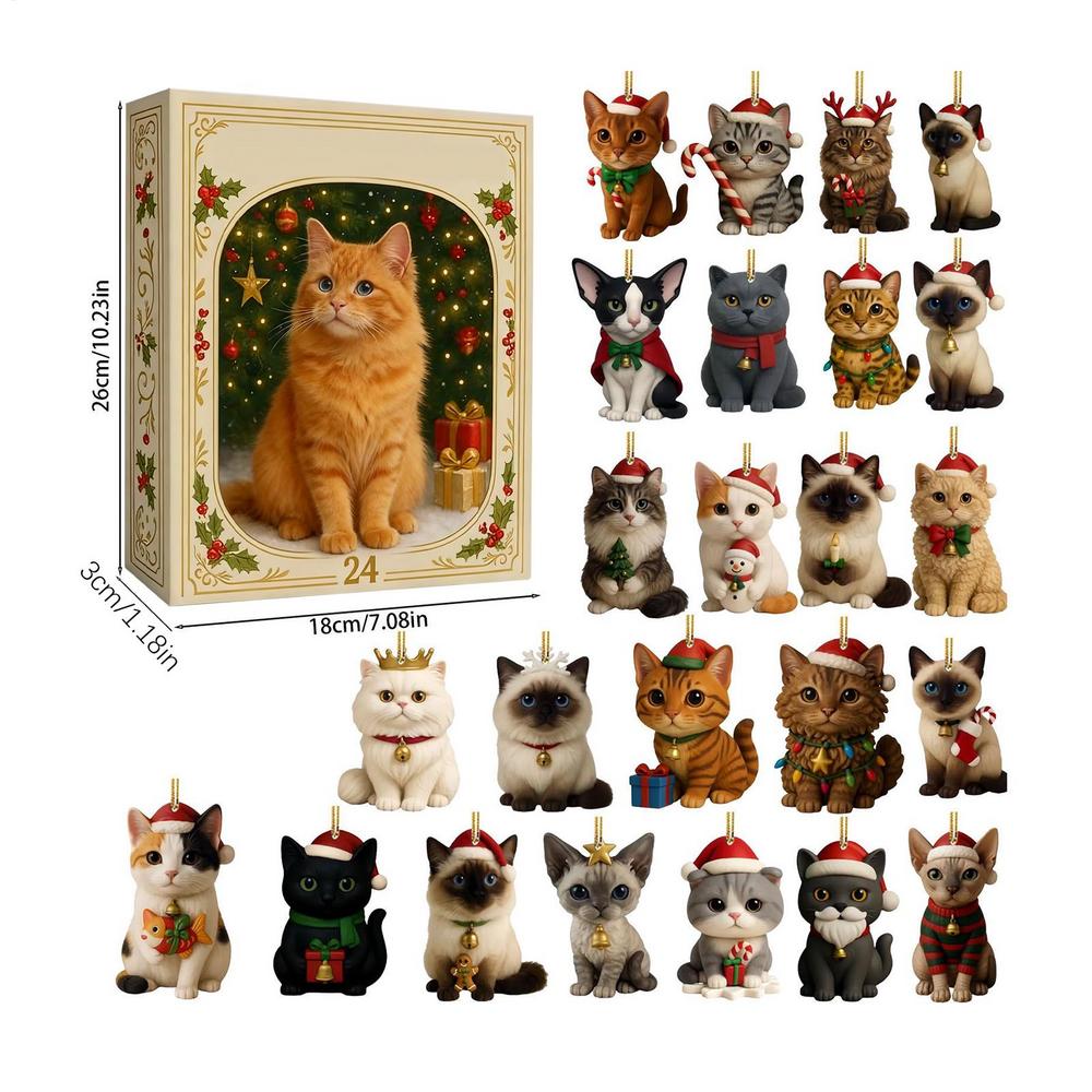 Cat Advent Calendar 2025 24 Days Christmas Countdown With 24 Different Breeds 2D Acrylic Cute Kitten Christmas Tree Ornaments