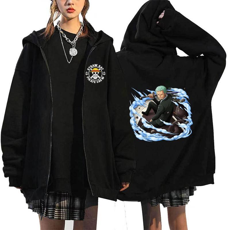 Mens Oversized Hooded Zip-Up Sweatshirt With One Piece Anime Print Plus Size Fleece-Lined Casual Jacket Fall