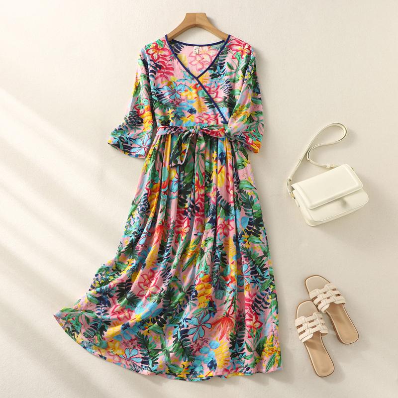 

DIMANAF 2023 Женское летнее платье средней длины с принтом Ramie для женской большой распашной художественной пряжки с V-образным вырезом пляжной юбки