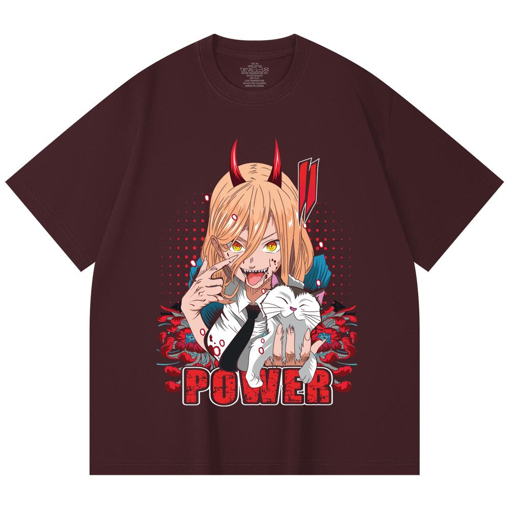 

230 Gsm 100% Cotton Chainsaw Man V51 Power Print Unisex Heavy Cotton T Shirt 2XL вина червоного кольору