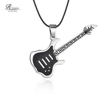 Rinhoo Trendy Leather Chain Guitar Necklace For Men Punk Rock Music Jewelry Gift Stainless Steel Necklace Pendant
