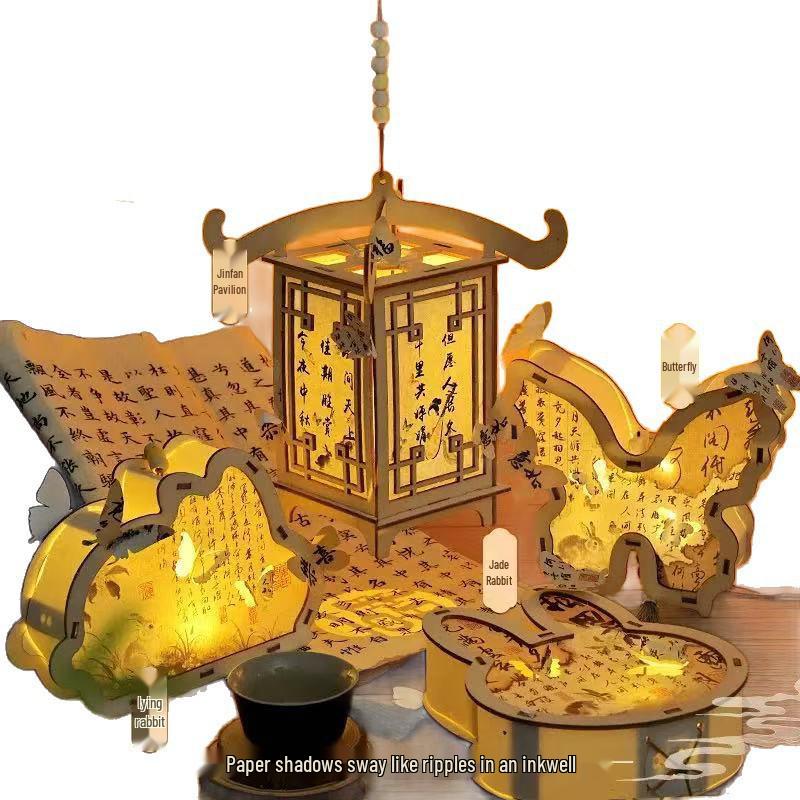 Handmade Mid-Autumn Festival Calligraphy Lantern Kit: Ancient Style Wooden Handheld Lantern with Butterfly, Rabbit, and Flower Designs