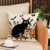 Halloween Dekorative Kissenhülle Leinenstoff Sofakissenbezug mit Schwarzkatzen-, Kürbis- und Fledermaus-Print Innenraum Wohnkultur Akzent 18x18 Zoll