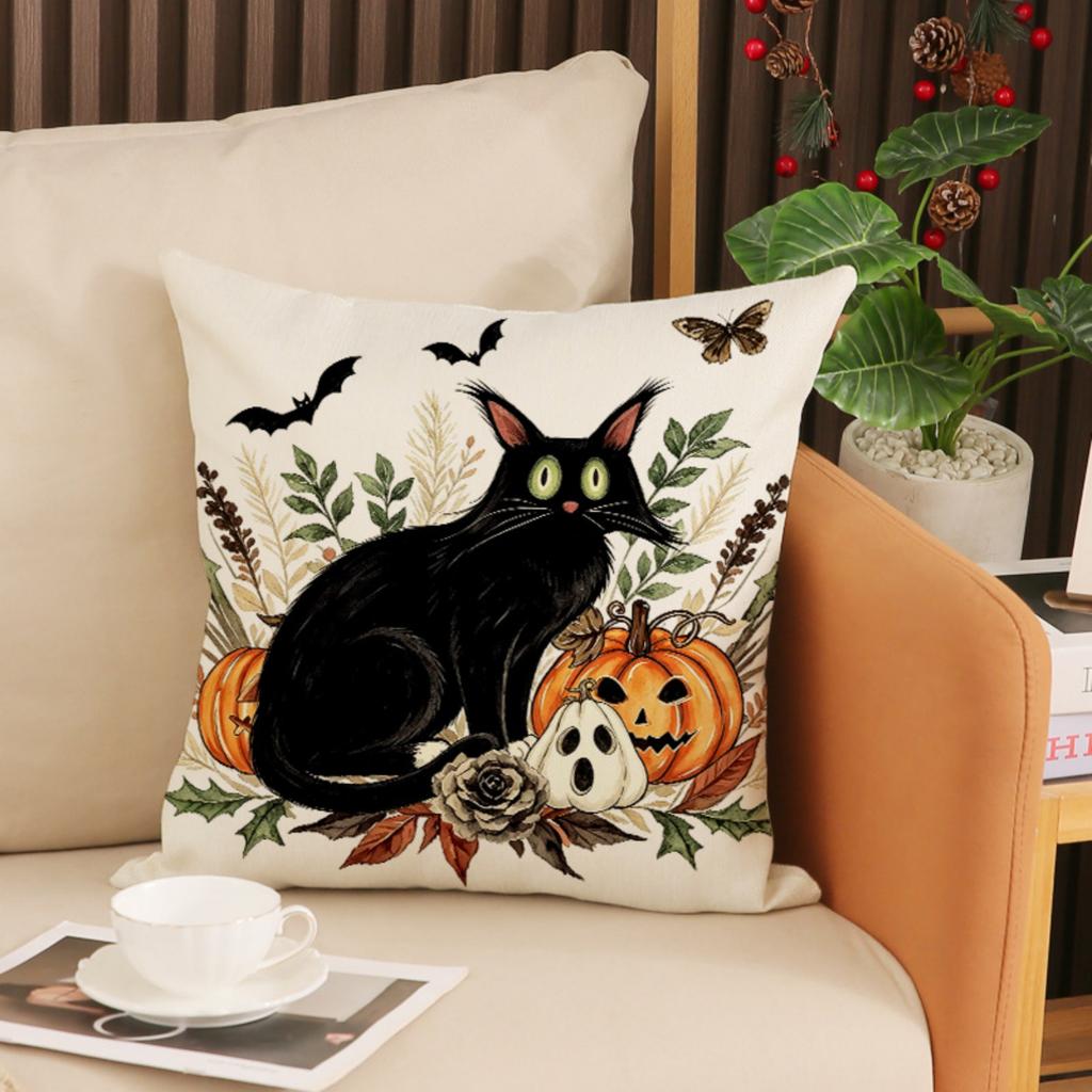 Halloween Dekorative Kissenhülle Leinenstoff Sofakissenbezug mit Schwarzkatzen-, Kürbis- und Fledermaus-Print Innenraum Wohnkultur Akzent 18x18 Zoll