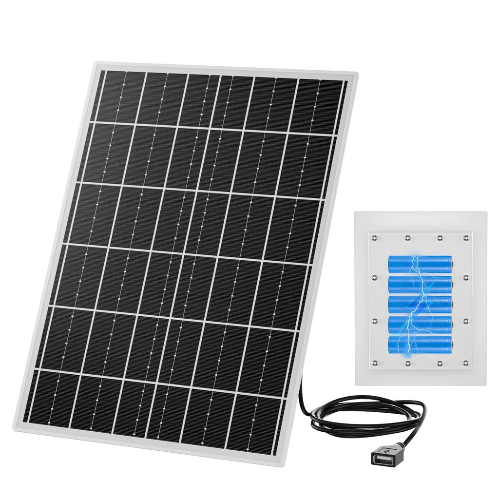 Solar Panel Kit for Outdoor Security 15W 12V Monocrystalline Solar 20000mAh LiFePO4 MPPT USB Solar for Security Cameras Cameras, Charger, Built-in