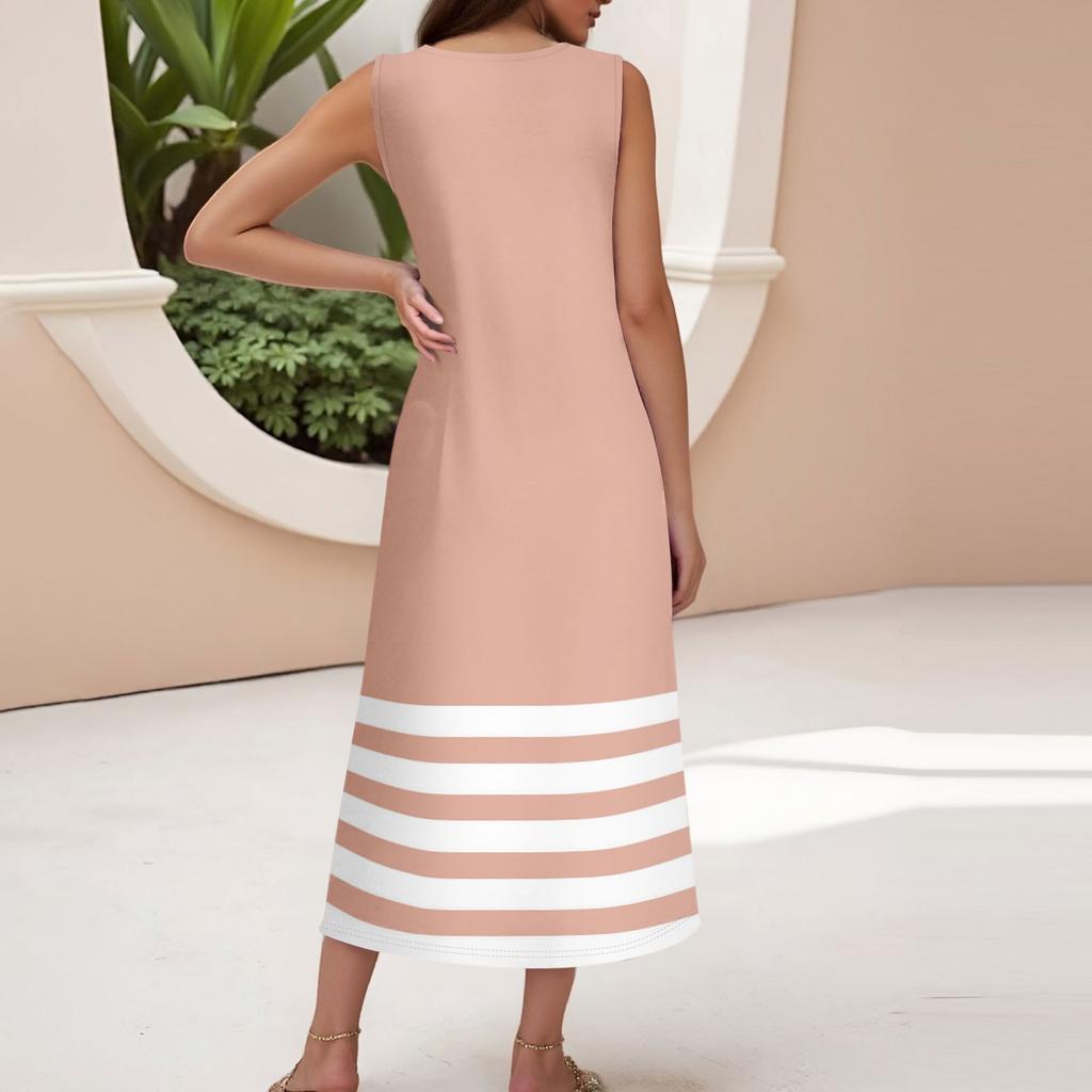 Women's Summer Casual Fashion Stripe Printed Sleeveless Button Casual Maxi Dress