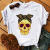 Women's Retro Round Neck Short Sleeve T-shirt Spring Summer Flower Skeleton Print Base Shirt Simple Casual Top for Ladies