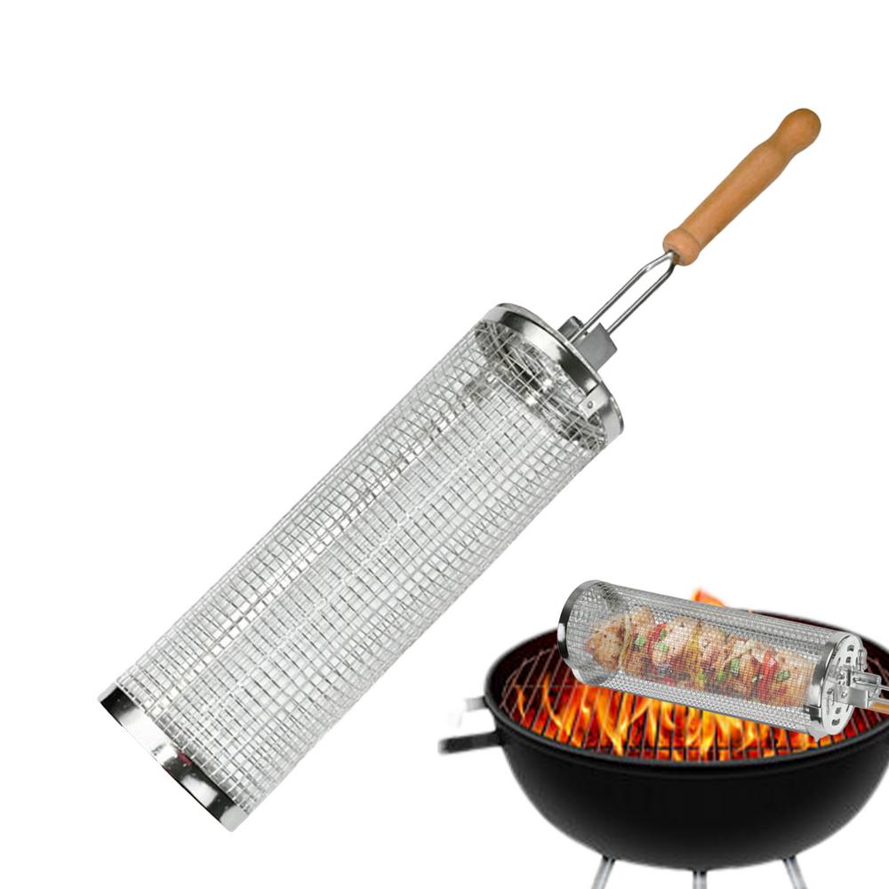 Rolling Grilling Baskets Grilling Net Tube BBQ Rolling Cage Round Mesh Barbecue Cylinder Cage Cooking Accessories for Meat
