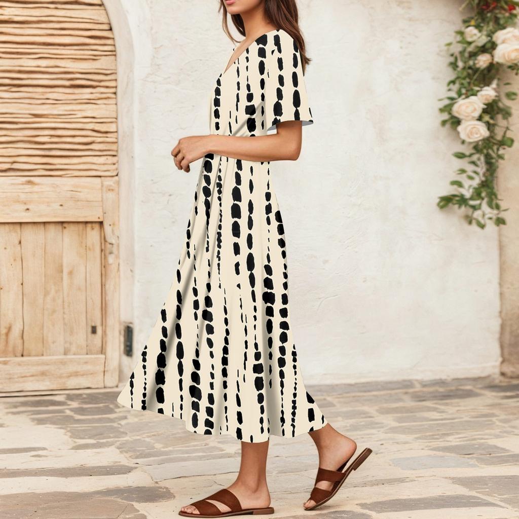 Women's Summer Loose V Neck Short Sleeve Dress, Elegant Dress