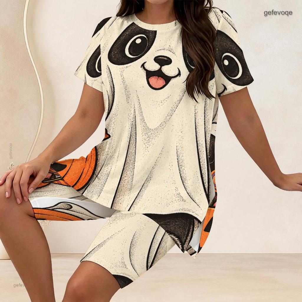 Women Plus Size Two Piece Set Pumpkin Bee Floral Print Round Neck Short Sleeve Split Top Knee Length Pants