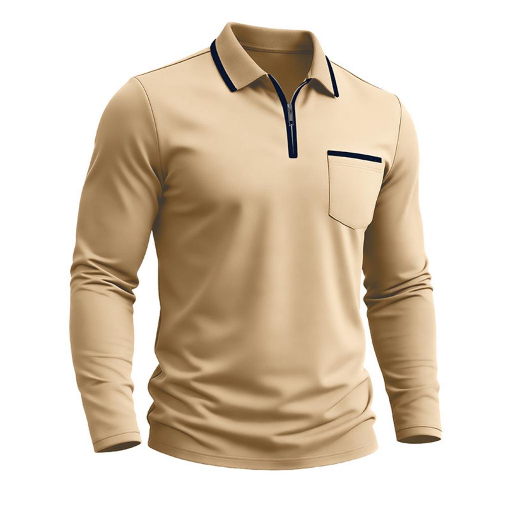 Men Long Sleeve Polo Shirt Zipper Collar Casual Slim Fit Top with Patch Pocket and Contrast Trim for Daily Wear
