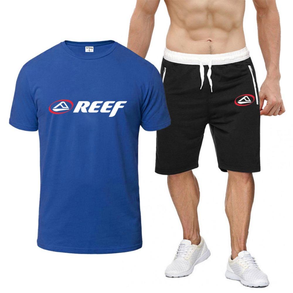 

Summer Coral Reef Printed Solid Color Sports Short Sleeve Set for Men s Round Neck Quick Drying T-shirt Elastic Waist Sports Pants Set S