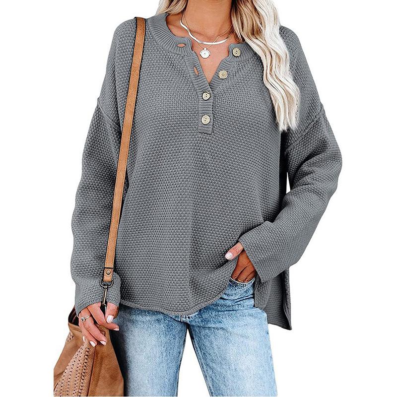 Button Up Pullover, Solid Color Pullover, V-neck Knit Sweater, Women's Streetwear, Trendy Sweater, Women's Plus Size, Worn Inside Out
