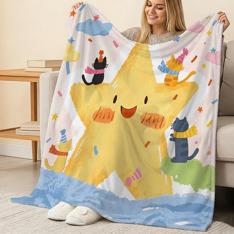 Cartoon Cat & Star Print Flannel Fleece Blanket Ultra Soft, Skin-Friendly Warm Cozy Throw for Home, Couch, Napping, Christmas & Halloween