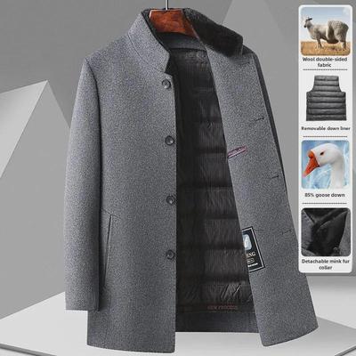 Men's Mink Fur Tunic Suit: Stand Collar, Detachable Goose Down Lining, Double-Sided Wool, Mid-Length Winter Coat