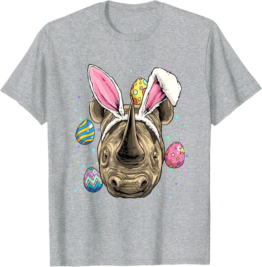 Funny Rhinoceros Bunny Ears Easter Egg Hunt Graphic Tee Casual Short Sleeve T-Shirt for Men