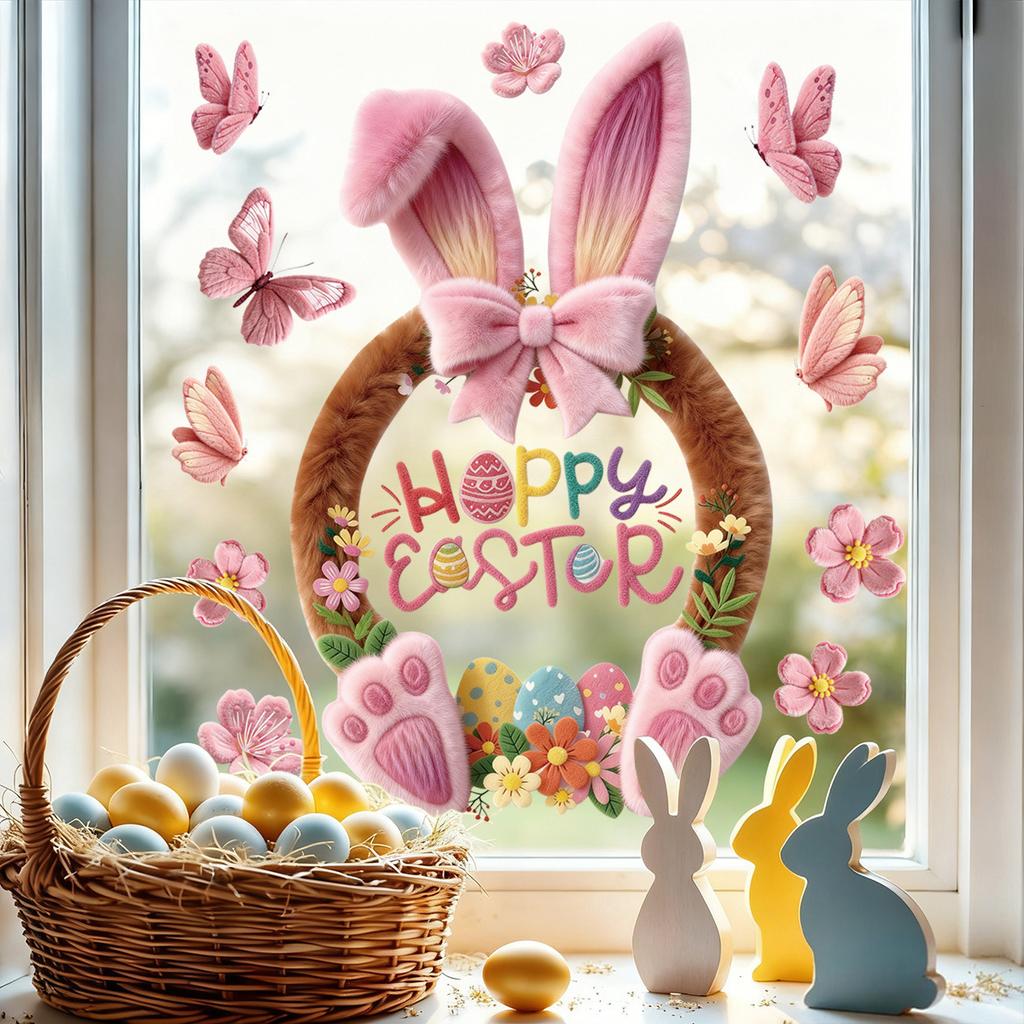 Easter Window Clings 2026 Pink Bunny with Flowers and Butterflies Static Clings for Glass Window Decoration Shop Window Decor