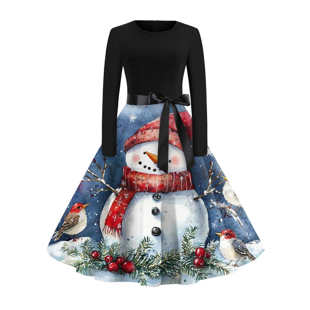 Šaty s vánočním potiskem pro ženy s dlouhým rukávem Duté společenské šaty pro volný čas