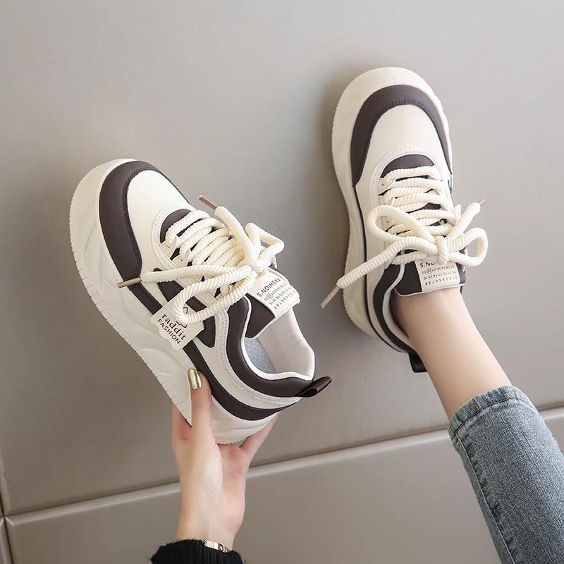 BKQU  Women's Platform Sneakers Fashion PU Leather Shoes Classic Lace Up Comfortable Skate Walking Casual Tennis for Lady