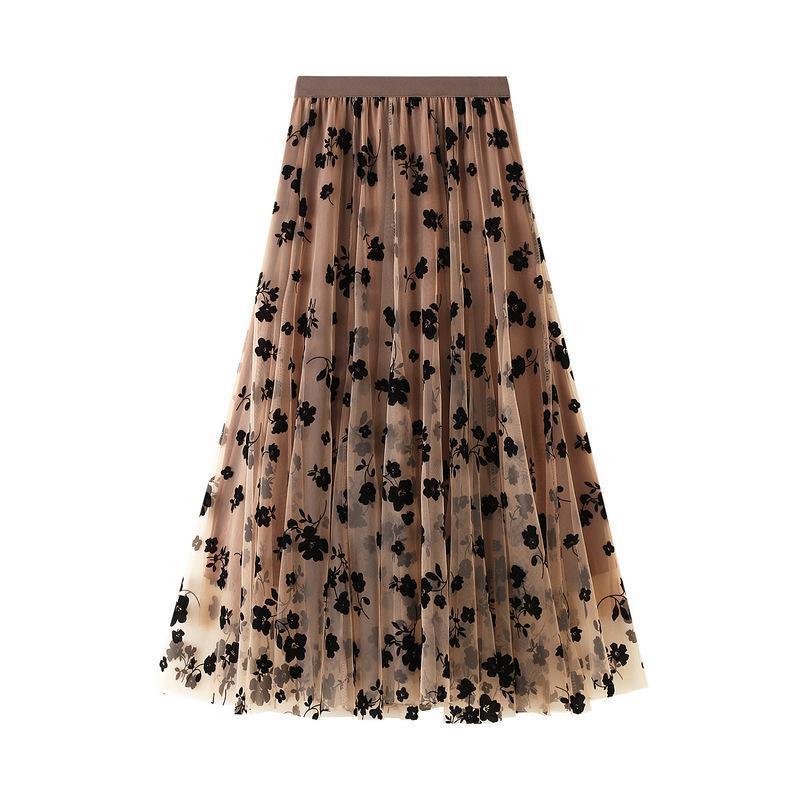 

Elegant Floral Women Tulle Skirts High Waist Korean Flocking Pleated Midi Skirts Mesh Summer Office Ladies Skirt One size хаки