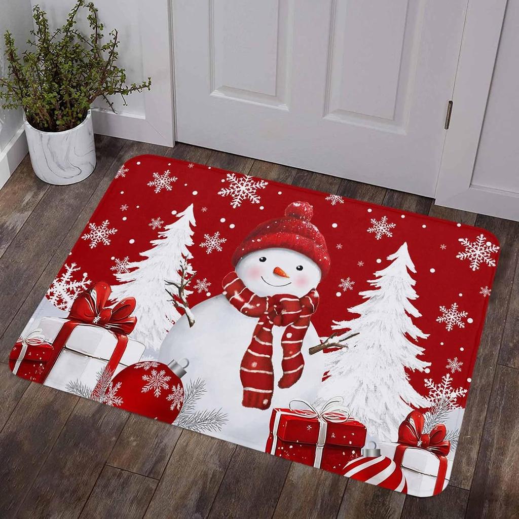 Christmas Pink Snowman Striped Non-slip Rug Living Room Entrance Welcome Door Mat Bedroom Bedside Foot Mat Christmas Decorations