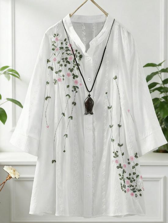 Plus Size Women s Mid-Length Loose Embroidered White Seven-Sleeve Shirt 0XL белый