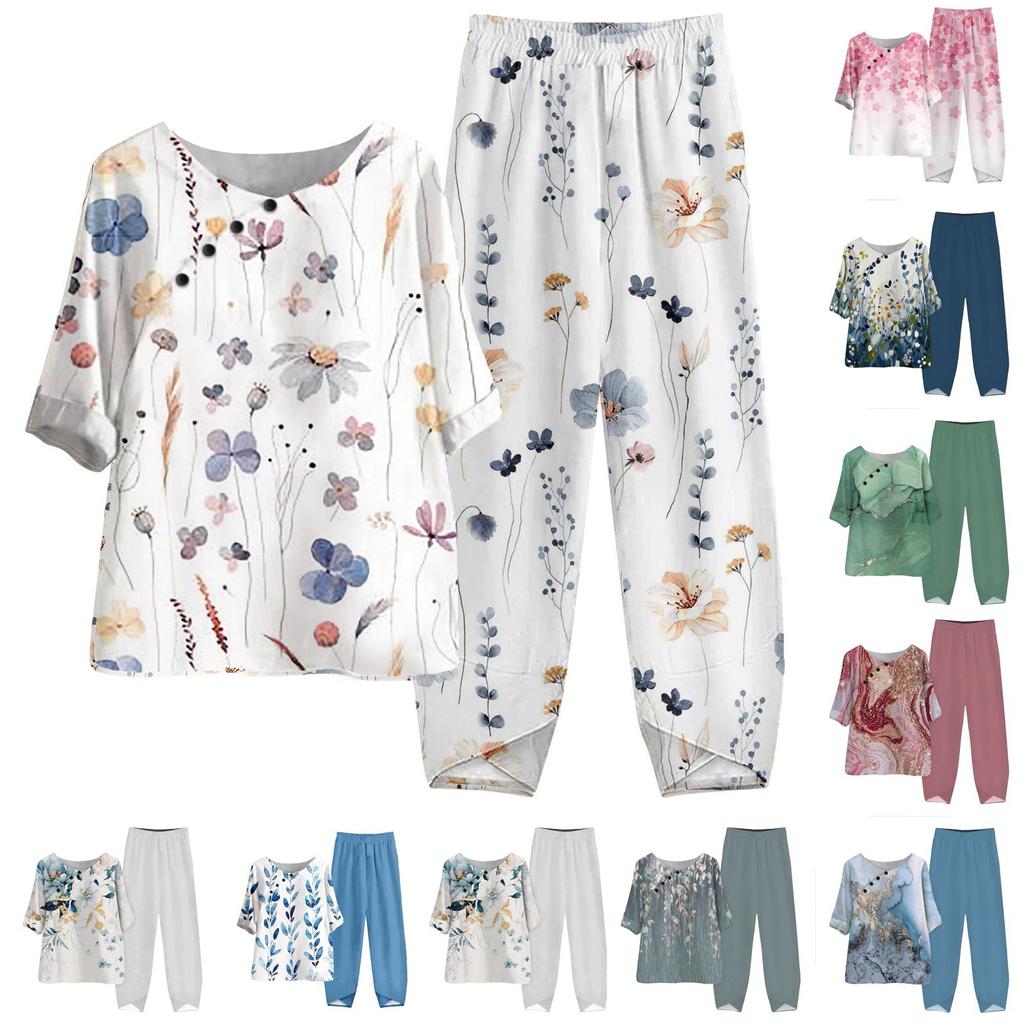Women's Summer Half Sleeve Printed Tops Elastic Waist Nine Piece Pants Two Piece Set