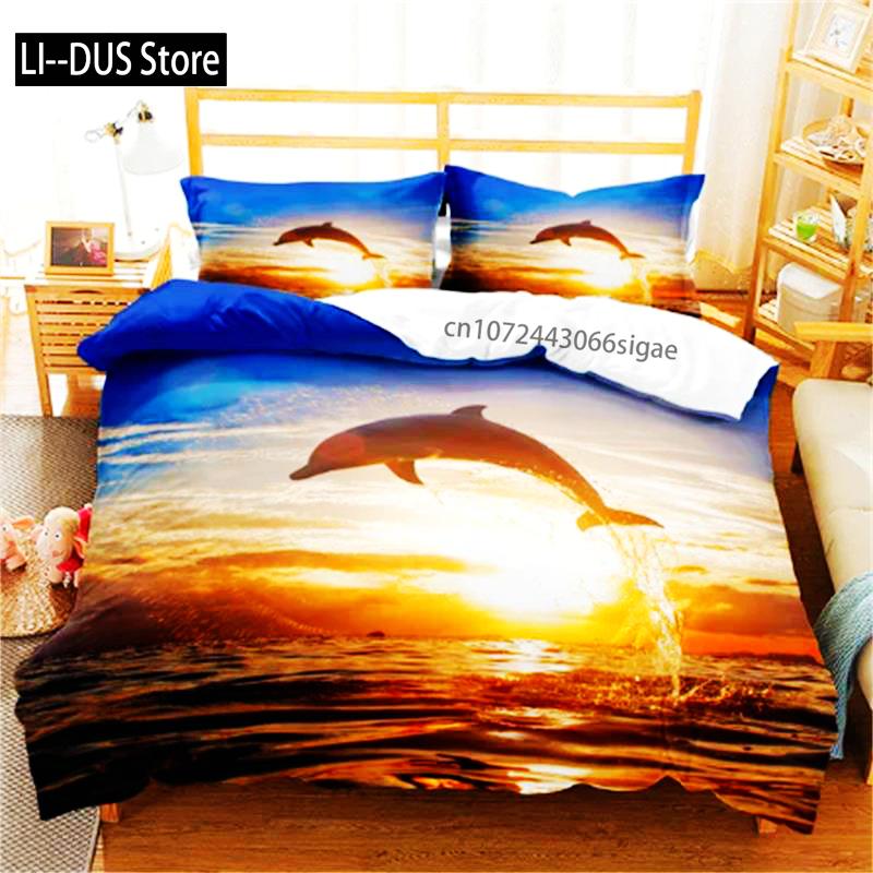 Hot Dolphin Bedding Sets Anime Sea HD Dolphin Bedspread For Teens Girls Fashion Twin Single Queen King Full Size Duvet Cover