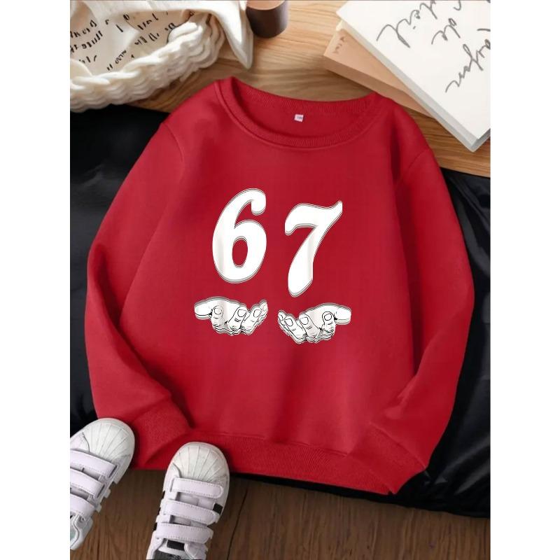 European Size Round Neck Sweatshirt - Cartoon Design with Number 67, Casual Long-Sleeve Top for Children, New Fashion for Spring And Autumn