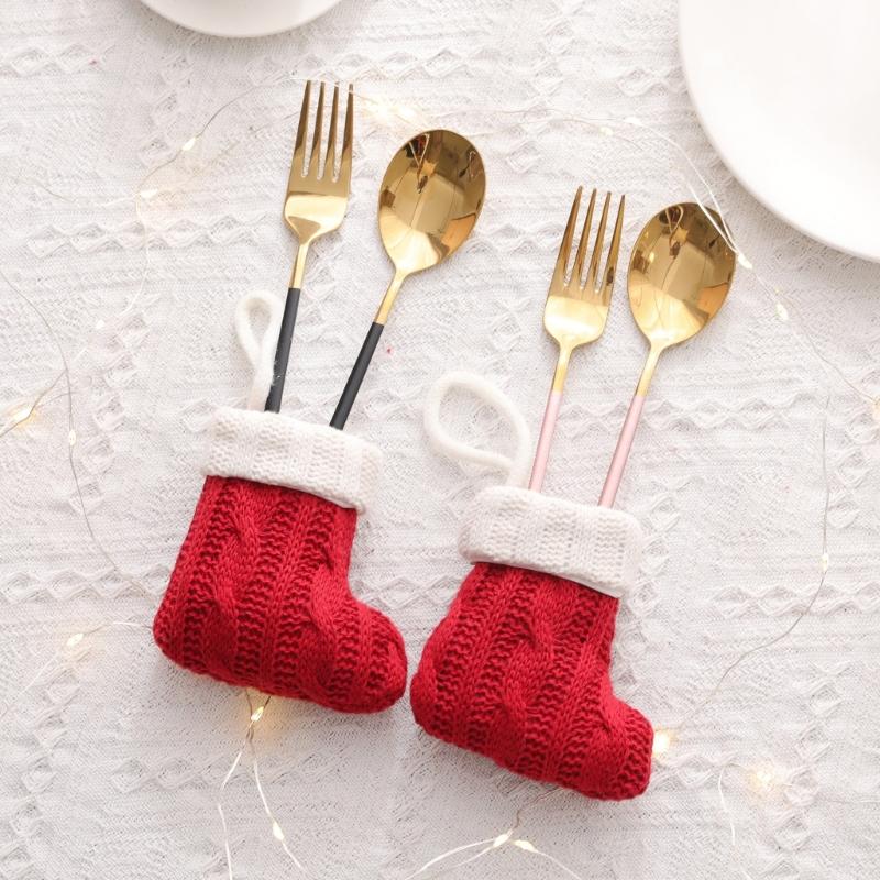 Christmas Knitted Sock Tableware Protector Efficient Fabric Decoration For Holiday Dining Party Table Setting