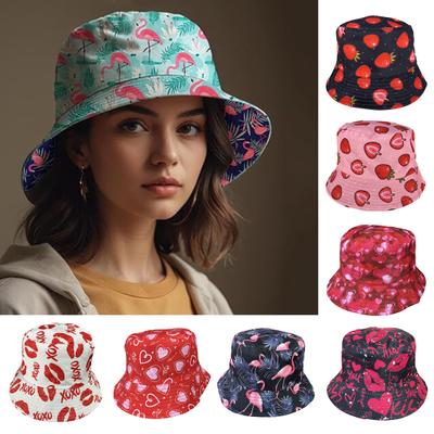 Fisherman Hat Flamingo Printing Unisex Sun Hat Double-sided Travel Camping Cap UV Protection Foldable Short Brim Outdoor Activities Headwear