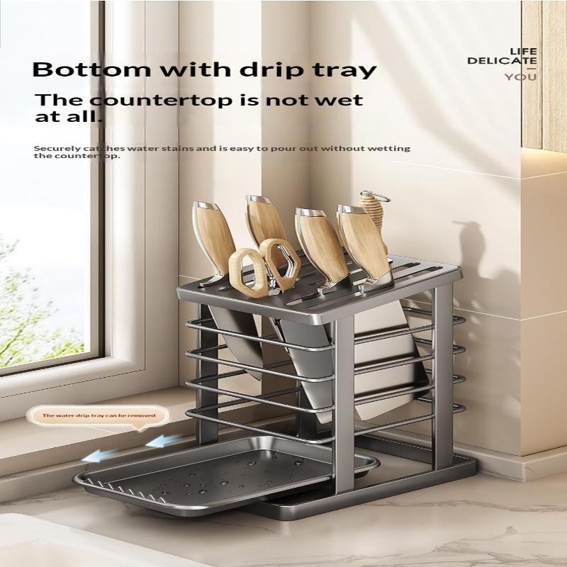Kitchen Knife Holder Countertop Detachable Cutlery Storage Rack with Drain Tray for Home Kitchen Organization