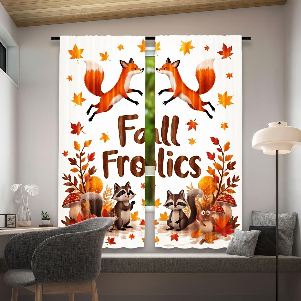 Set Of 2 Thanksgiving Fox Raccoon Cartoon Autumn Maple Leaf Curtains Polyester Semi Translucent Design Fall Fol Curtain Made With Rod Pocket