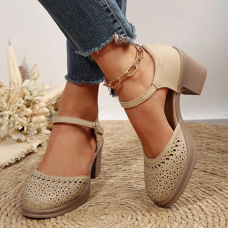 Ankle Strap High Heels Sandals for Women 2025 Summer Hollow Out Breathable Pumps Woman Comfortable Chunky Heeled  Shoes