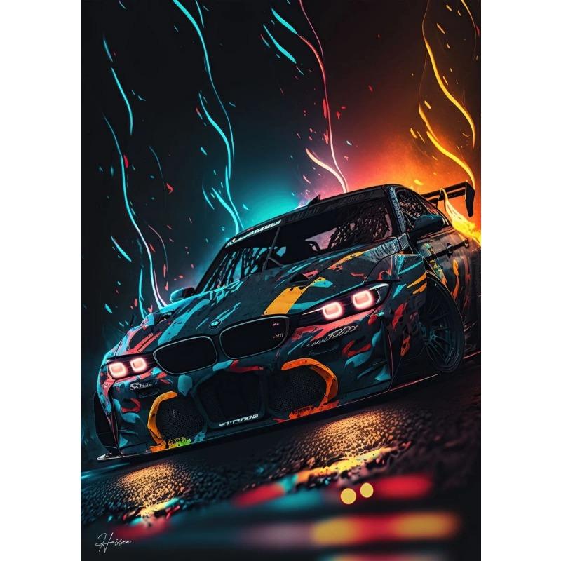 Modern Cars Vintage Sport Neon Car Gold Night Painting and Prints Canvas Poster Wall Art Pictures for Living Room Decor Cuadros