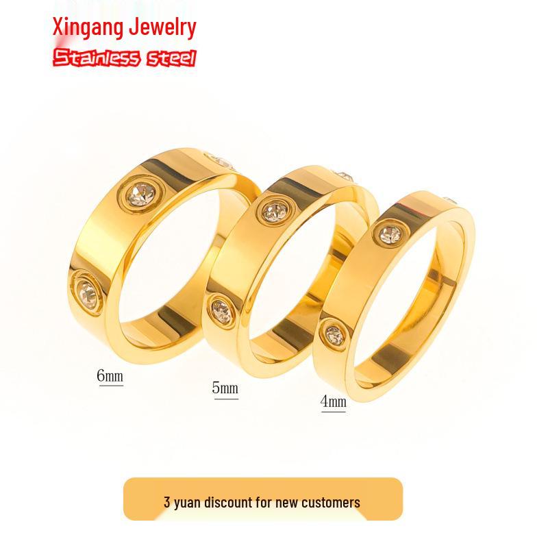 Titanstahl Partnerring für Damen und Herren mit Sechs Diamanten, Ins Stil, Farbechter Edelstahl Finger Schmuck.