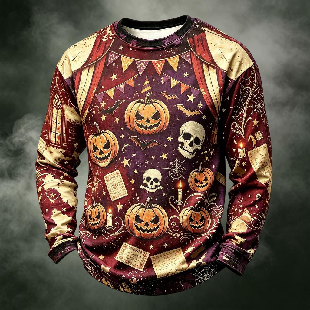 Men's Casual Long Sleeve Crewneck Knit Shirt with Halloween Print