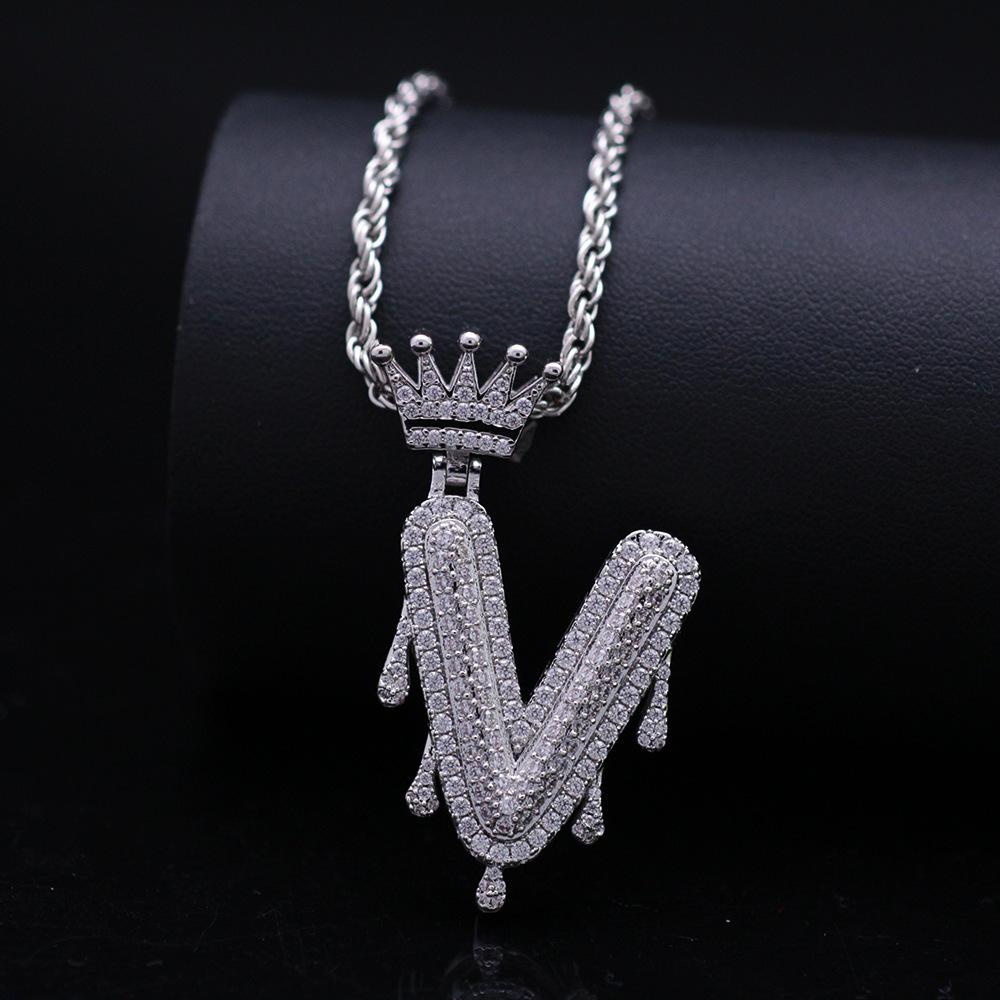 Stylish Hip Hop Zircon Crown Pendant Necklace with 26 English Letters for Women