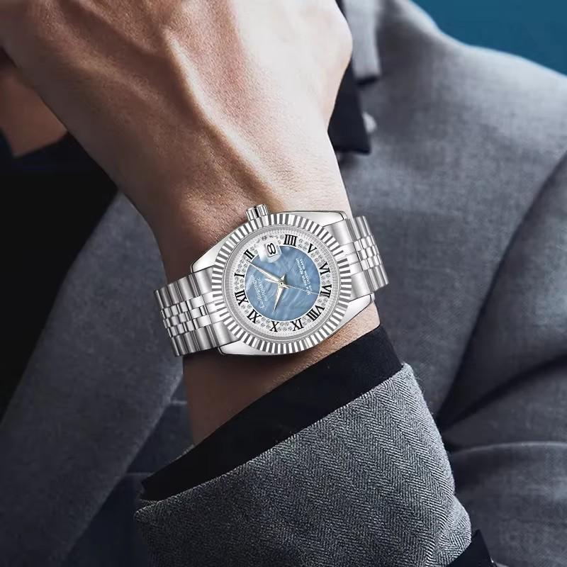 Herren Automatische Mechanische Uhr Weiß Perlmutt Zifferblatt Diamant Römische Ziffern Kalender Datum Edelstahl Armbanduhr