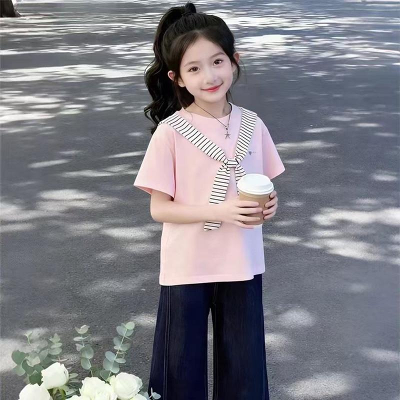 Girls Summer Navy Cape Short Sleeve T Shirt With Bow Tie Round Neck Top For Big Kids Students