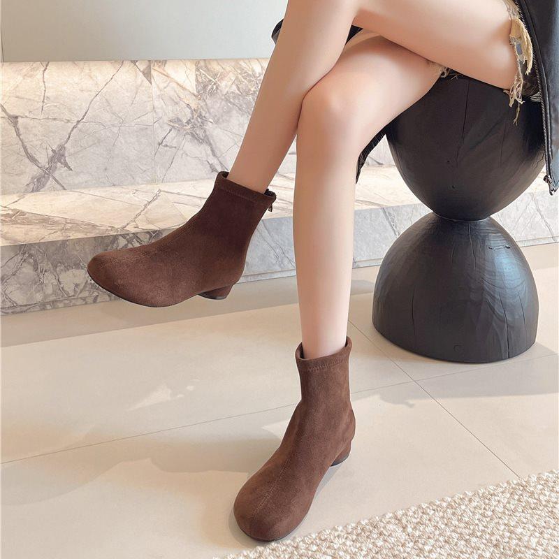 Ankle Boots Skinny Retro Martin Boots Women'S Round Head Suede Single Boots Thick Heel Short Boots Skinny Boots