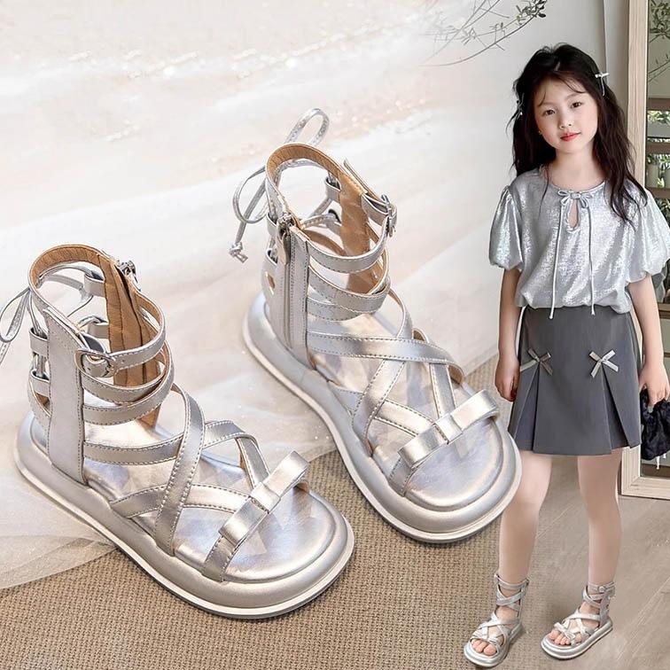 Summer girls sandals 2025 children's shoes soft sole high-top Roman shoes foreign silver princess style girls shoes